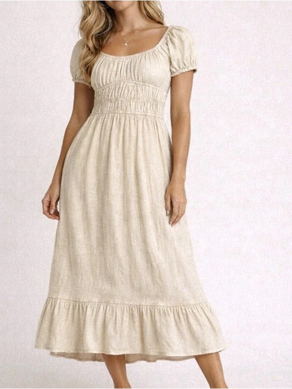 Sim & Sam Cream Smocked Waist Puff Sleeve Midi Dress Boho Coastal Cowgirl S
